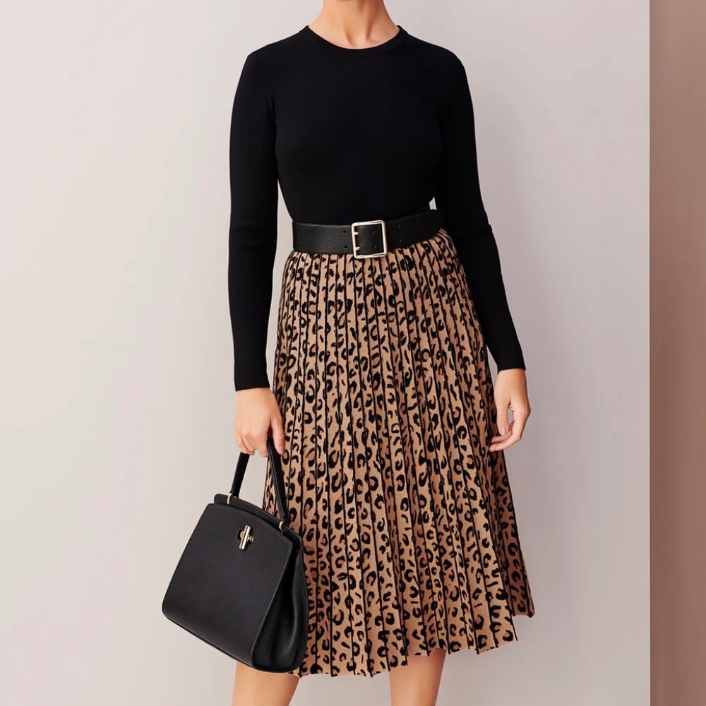 Hobbs Black/Camel Leopard Print, Pleated Knit Dress, stretch/midi 14/XL